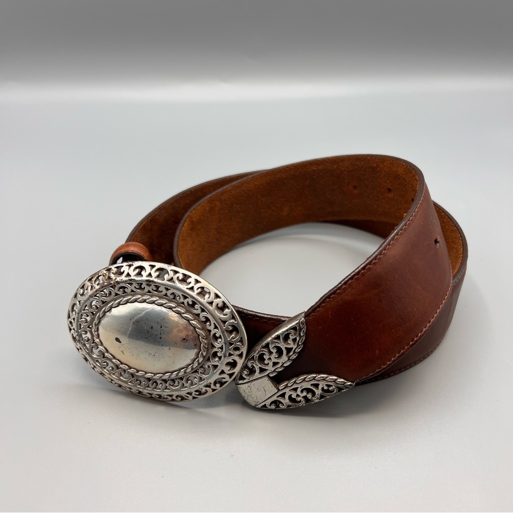 Brighton Brown Leather Belt with Ornate Silver Buckle